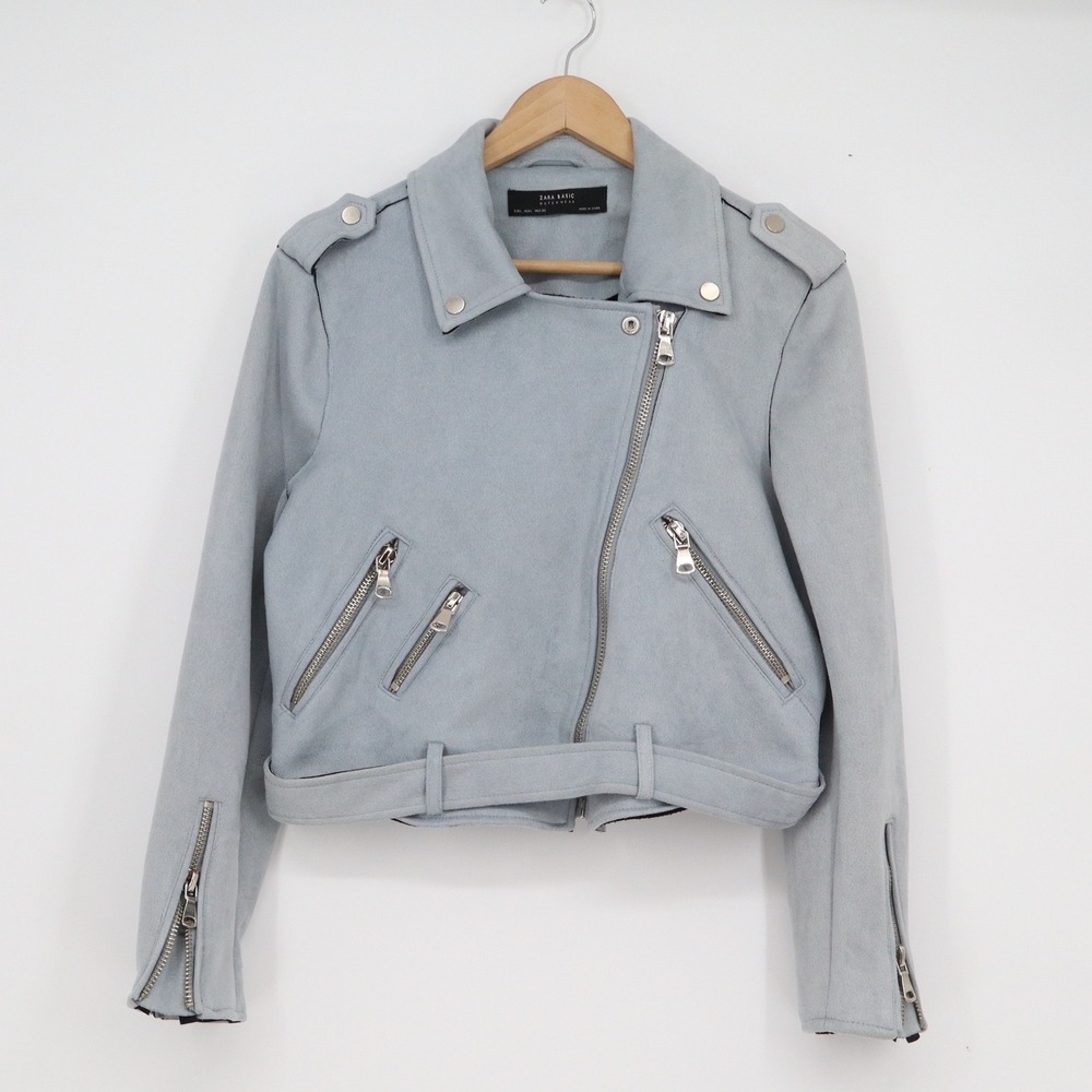 Zara Basic Light Blue Faux Suede Moto Biker Jacket Cropped Size L